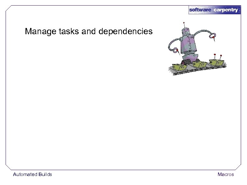 Manage tasks and dependencies Automated Builds Macros 