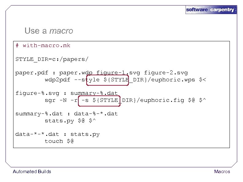 Use a macro # with-macro. mk STYLE_DIR=c: /papers/ paper. pdf : paper. wdp figure-1.