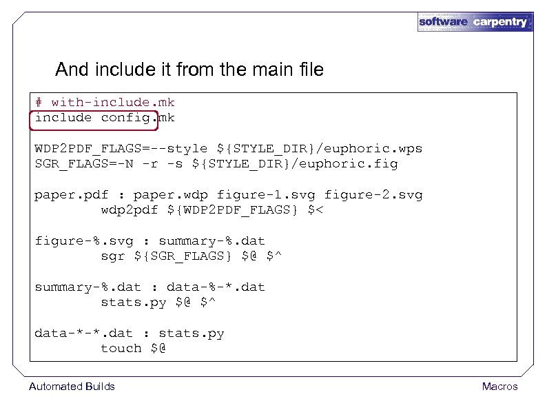 And include it from the main file # with-include. mk include config. mk WDP