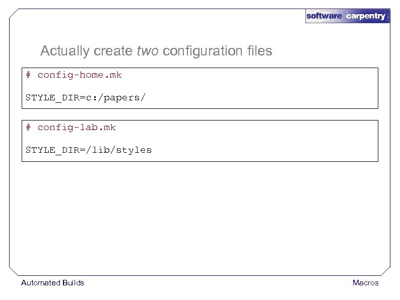 Actually create two configuration files # config-home. mk STYLE_DIR=c: /papers/ # config-lab. mk STYLE_DIR=/lib/styles