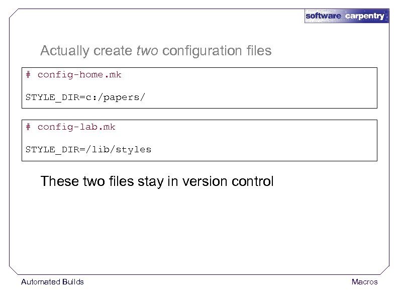 Actually create two configuration files # config-home. mk STYLE_DIR=c: /papers/ # config-lab. mk STYLE_DIR=/lib/styles