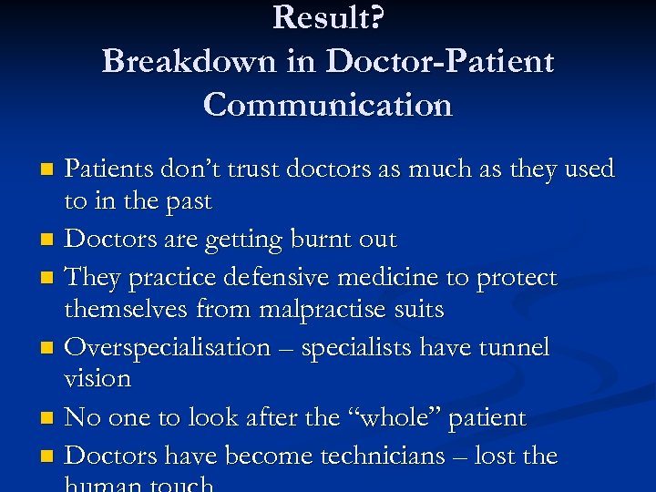 Result? Breakdown in Doctor-Patient Communication Patients don’t trust doctors as much as they used