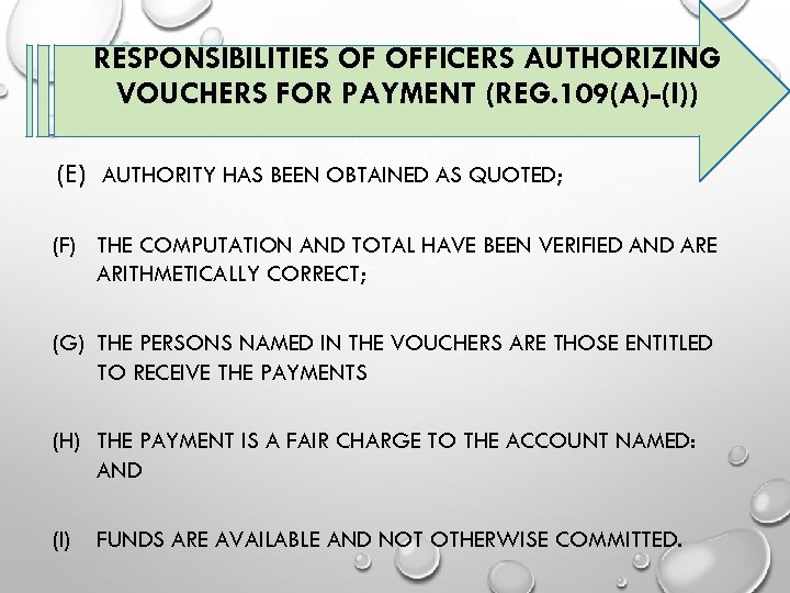 RESPONSIBILITIES OF OFFICERS AUTHORIZING VOUCHERS FOR PAYMENT (REG. 109(A)-(I)) (E) AUTHORITY HAS BEEN OBTAINED