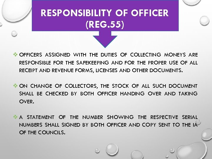 RESPONSIBILITY OF OFFICER (REG. 55) OFFICERS ASSIGNED WITH THE DUTIES OF COLLECTING MONEYS ARE