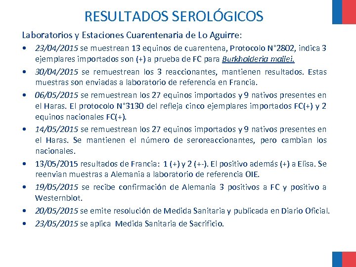 RESULTADOS SEROLÓGICOS Laboratorios y Estaciones Cuarentenaria de Lo Aguirre: • 23/04/2015 se muestrean 13