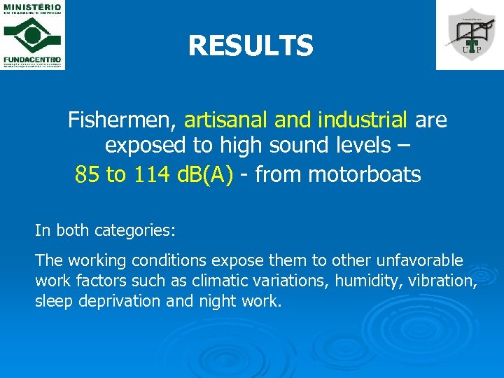 RESULTS Fishermen, artisanal and industrial are exposed to high sound levels – 85 to