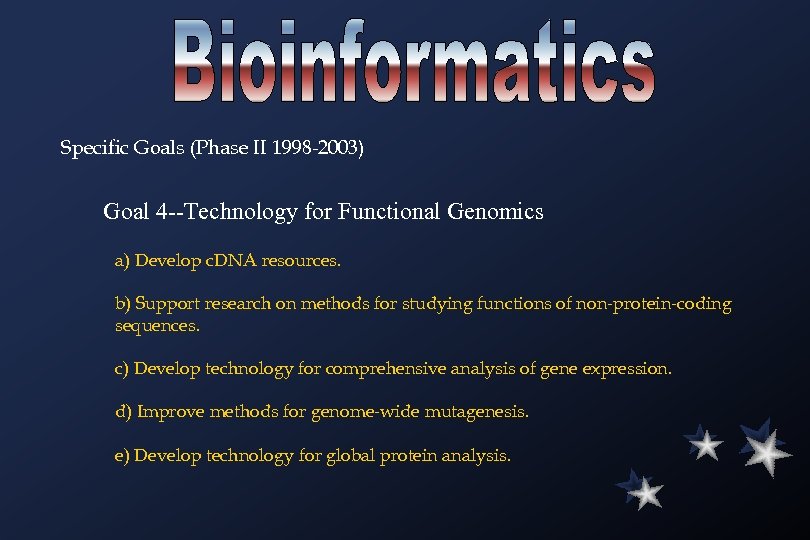 Specific Goals (Phase II 1998 -2003) Goal 4 --Technology for Functional Genomics a) Develop