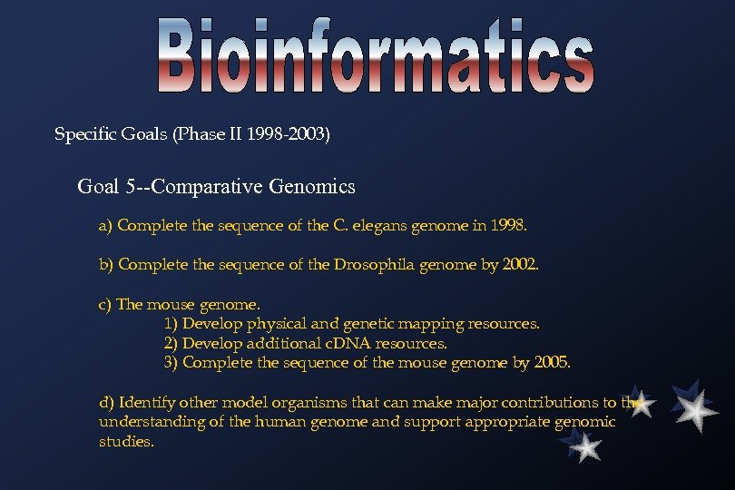 Specific Goals (Phase II 1998 -2003) Goal 5 --Comparative Genomics a) Complete the sequence