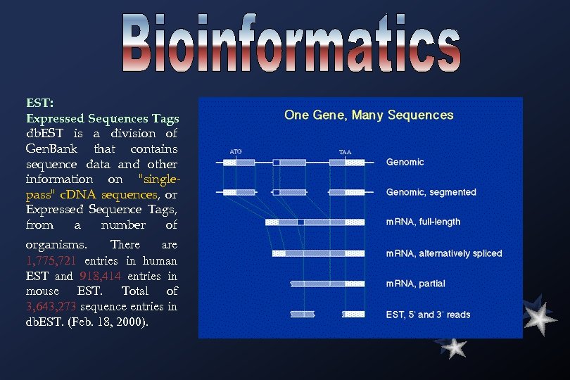 EST: Expressed Sequences Tags db. EST is a division of Gen. Bank that contains