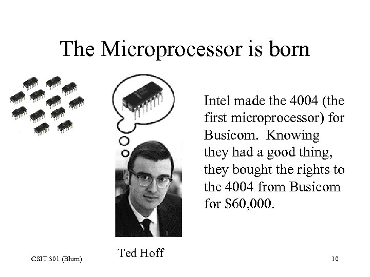 The Microprocessor is born Intel made the 4004 (the first microprocessor) for Busicom. Knowing