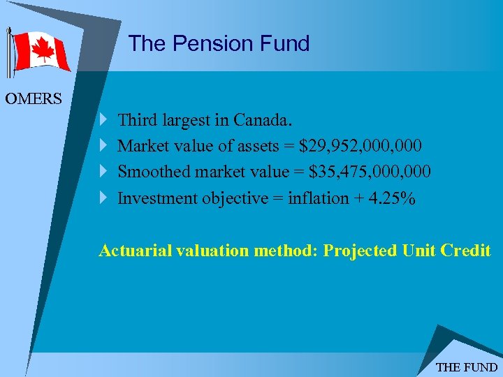 The Pension Fund OMERS } } Third largest in Canada. Market value of assets