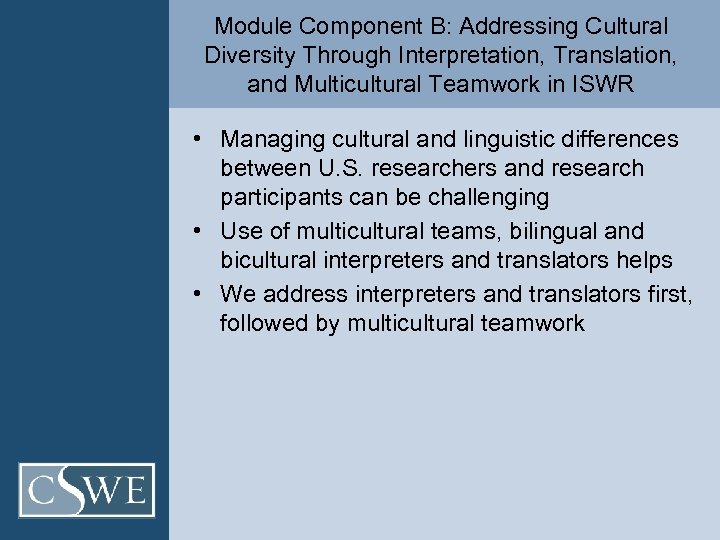 Module Component B: Addressing Cultural Diversity Through Interpretation, Translation, and Multicultural Teamwork in ISWR