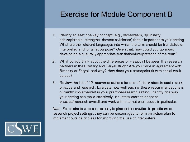 Exercise for Module Component B 1. Identify at least one key concept (e. g.