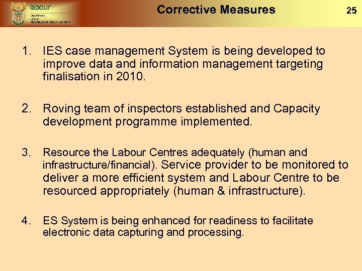 Corrective Measures 25 1. IES case management System is being developed to improve data