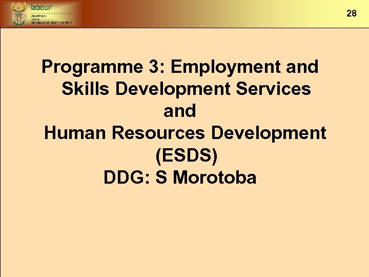 28 Programme 3: Employment and Skills Development Services and Human Resources Development (ESDS) DDG:
