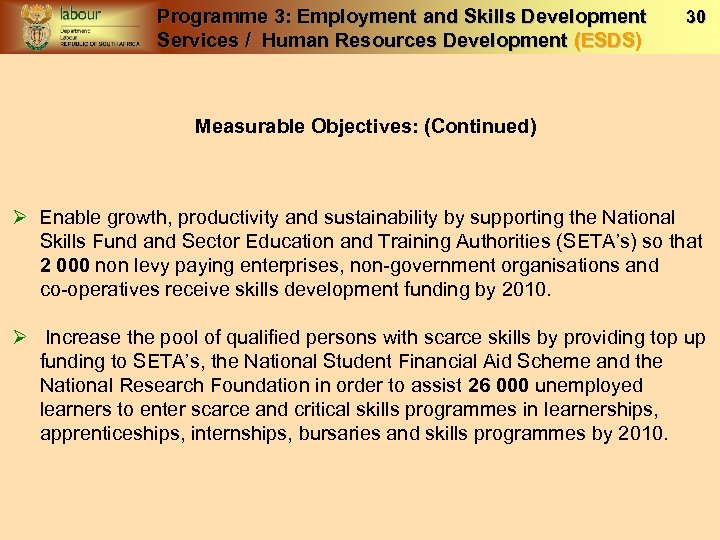 Programme 3: Employment and Skills Development Services / Human Resources Development (ESDS) (ESDS 30