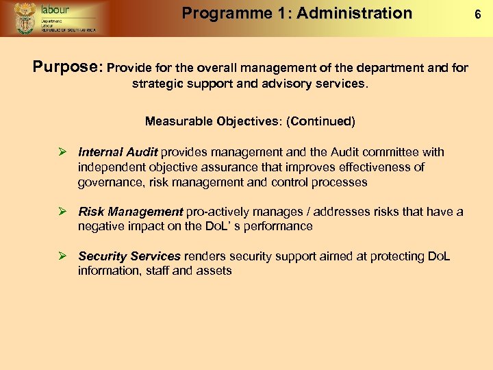 Programme 1: Administration Purpose: Provide for the overall management of the department and for