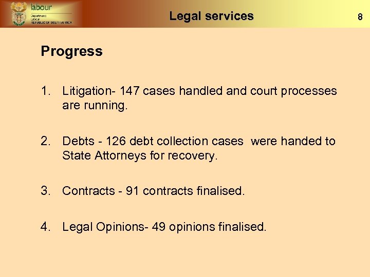 Legal services Progress 1. Litigation- 147 cases handled and court processes are running. 2.