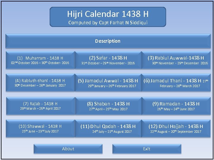 Hijri Calendar 1438 H Computed By Capt Farhat