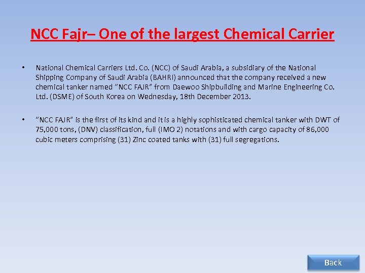 NCC Fajr– One of the largest Chemical Carrier • National Chemical Carriers Ltd. Co.