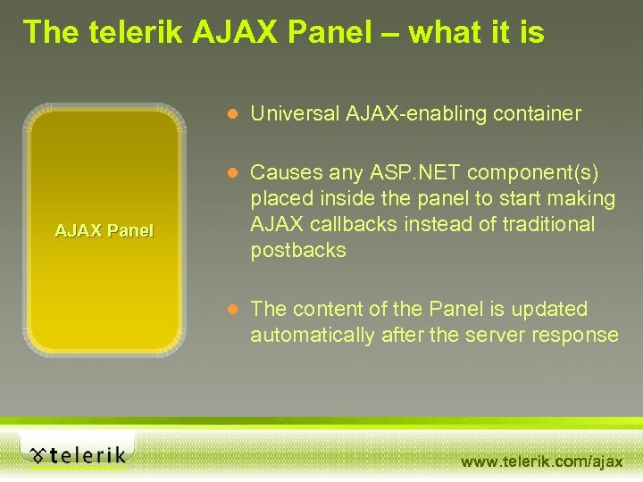 The telerik AJAX Panel – what it is ● Universal AJAX-enabling container AJAX Panel
