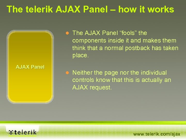 The telerik AJAX Panel – how it works ● The AJAX Panel “fools” the