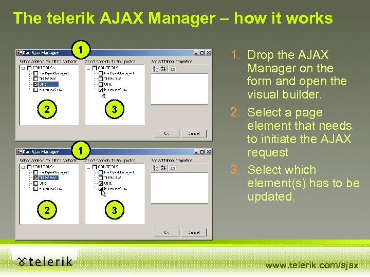 The telerik AJAX Manager – how it works 1 2 3 1 2 1.