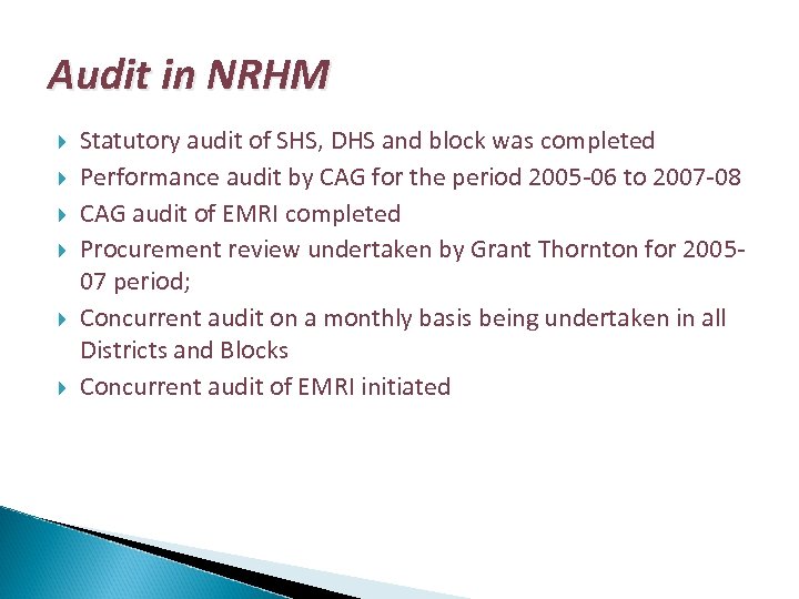 Audit in NRHM Statutory audit of SHS, DHS and block was completed Performance audit