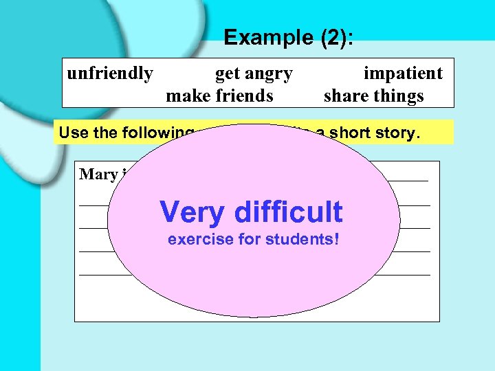 Example (2): unfriendly get angry make friends impatient share things Use the following words