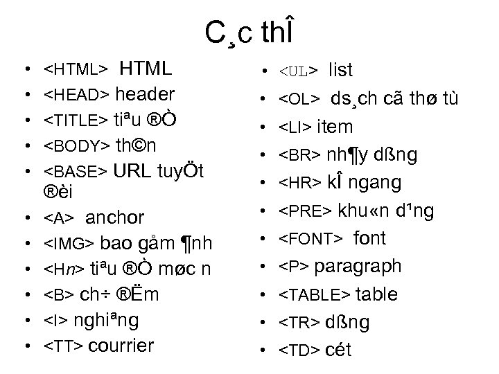 C¸c thÎ • <HTML> HTML • <UL> list • <HEAD> header • <OL> ds¸ch