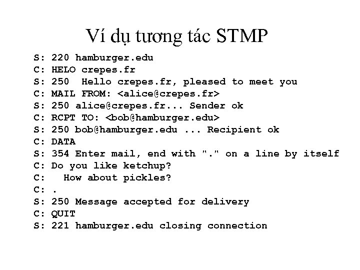 Ví dụ tương tác STMP S: C: S: C: C: C: S: 220 hamburger.