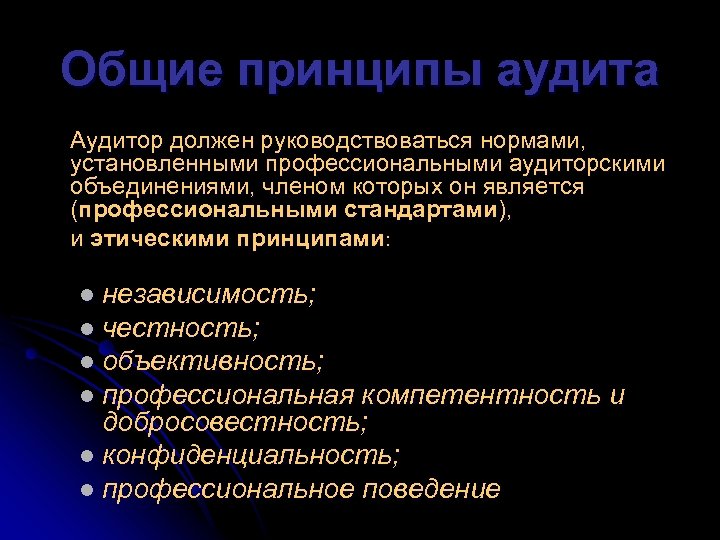 Общие принципы аудита Аудитор должен руководствоваться нормами, установленными профессиональными аудиторскими объединениями, членом которых он