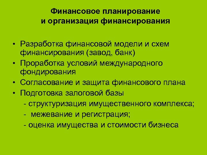 Финансовое планирование и организация финансирования • Разработка финансовой модели и схем финансирования (завод, банк)