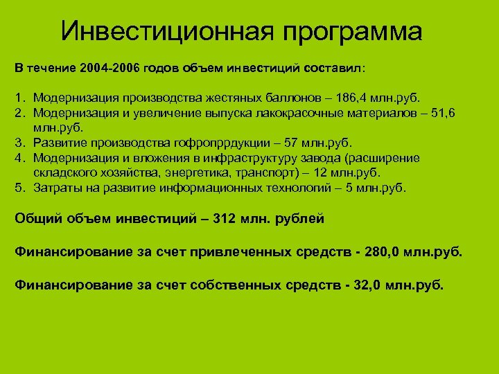 Инвестиционная программа В течение 2004 -2006 годов объем инвестиций составил: 1. Модернизация производства жестяных