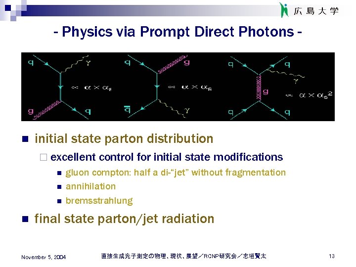 - Physics via Prompt Direct Photons - n initial state parton distribution ¨ excellent
