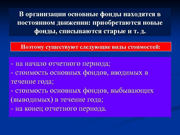 В организации основные фонды находятся в постоянном движении: приобретаются новые фонды, списываются старые и