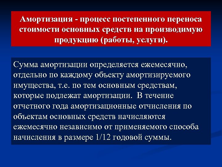 Амортизация - процесс постепенного переноса стоимости основных средств на производимую продукцию (работы, услуги). Сумма