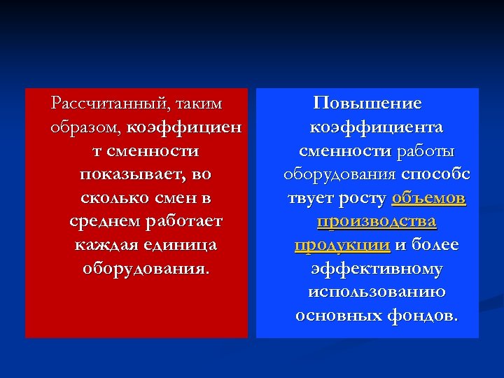 Рассчитанный, таким образом, коэффициен т сменности показывает, во сколько смен в среднем работает каждая