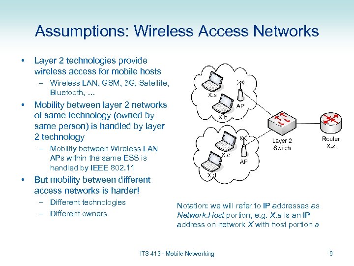 Assumptions: Wireless Access Networks • Layer 2 technologies provide wireless access for mobile hosts