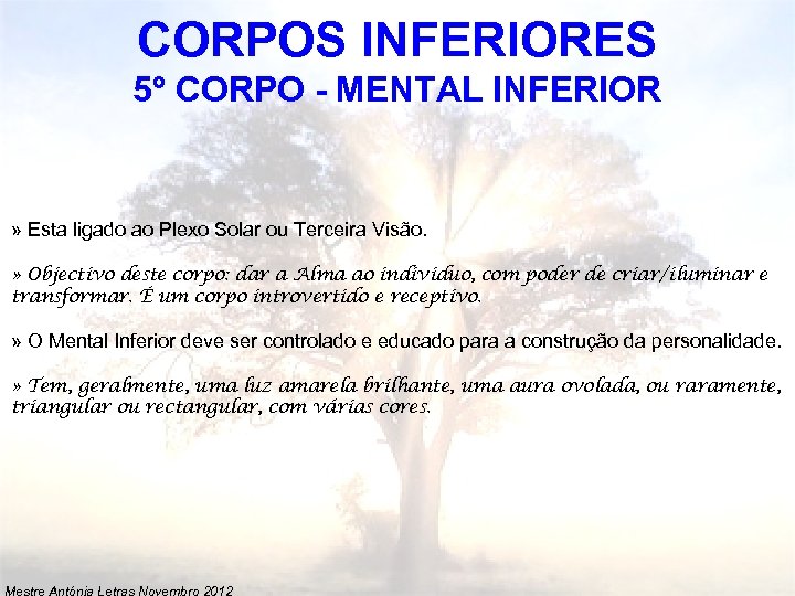 CORPOS INFERIORES 5º CORPO - MENTAL INFERIOR » Esta ligado ao Plexo Solar ou