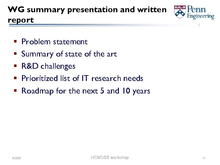 WG summary presentation and written report § § § 6/2/05 Problem statement Summary of