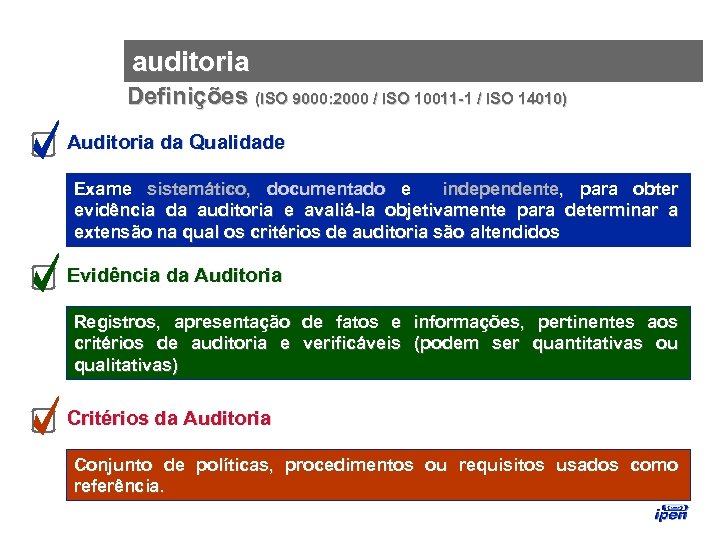 auditoria Definições (ISO 9000: 2000 / ISO 10011 -1 / ISO 14010) Auditoria da