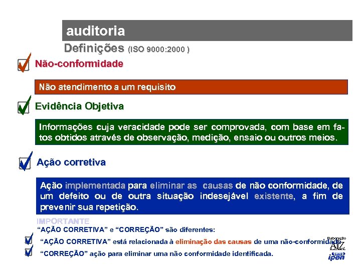 auditoria Definições (ISO 9000: 2000 ) Não-conformidade Não atendimento a um requisito Evidência Objetiva