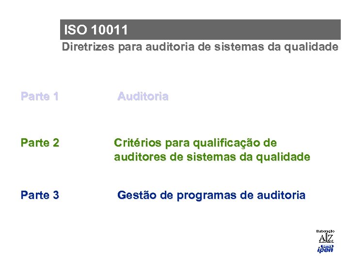 ISO 10011 Diretrizes para auditoria de sistemas da qualidade Parte 1 Auditoria Parte 2