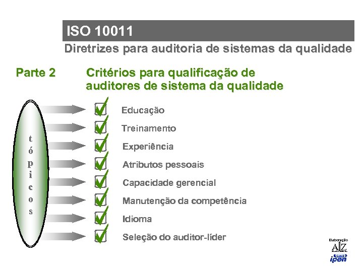 ISO 10011 Diretrizes para auditoria de sistemas da qualidade Parte 2 Critérios para qualificação