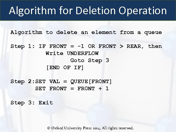 Algorithm for Deletion Operation Algorithm to delete an element from a queue Step 1: