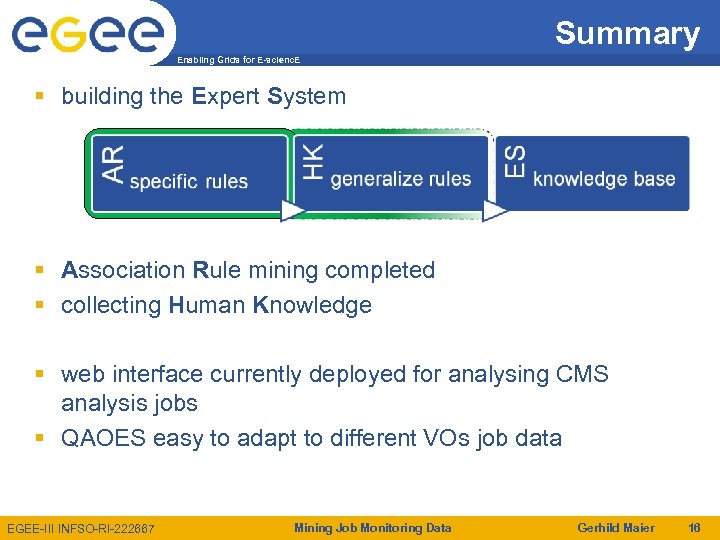 Summary Enabling Grids for E-scienc. E building the Expert System Association Rule mining completed