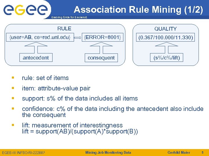 Association Rule Mining (1/2) Enabling Grids for E-scienc. E RULE {user=AB, ce=red. unl. edu}