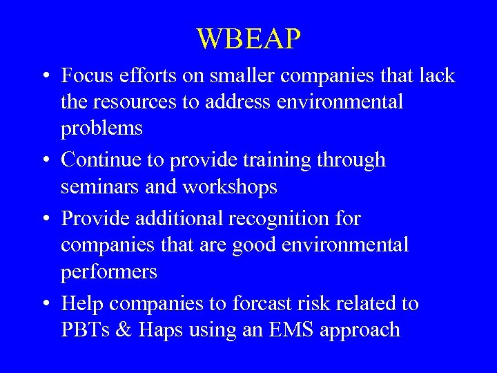 WBEAP • Focus efforts on smaller companies that lack the resources to address environmental