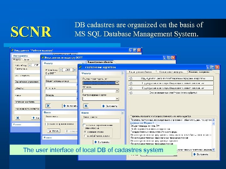 SCNR DB cadastres are organized on the basis of MS SQL Database Management System.